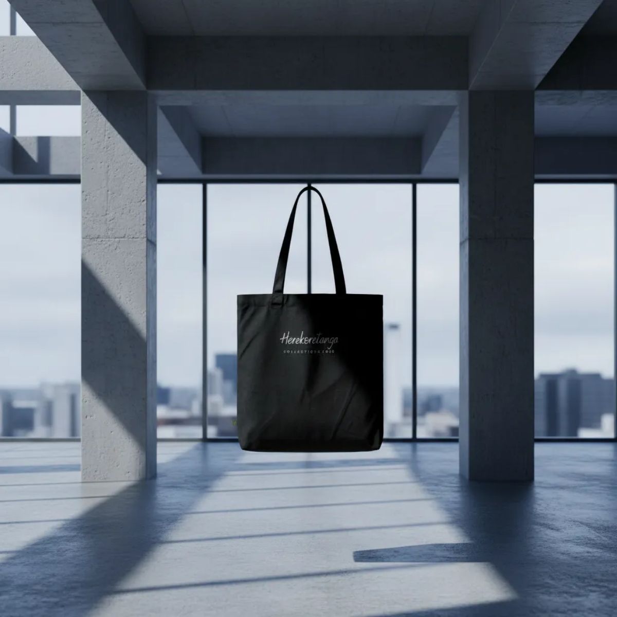 Equipment Herekoretanga: borsa Archive Tote in canvas 407g sospesa in un interno brutalista. Un modulo tecnico progettato per l'esplorazione delle rotte verso Oceania e il mondo Maori. Archivio GL MANIFACTORY.