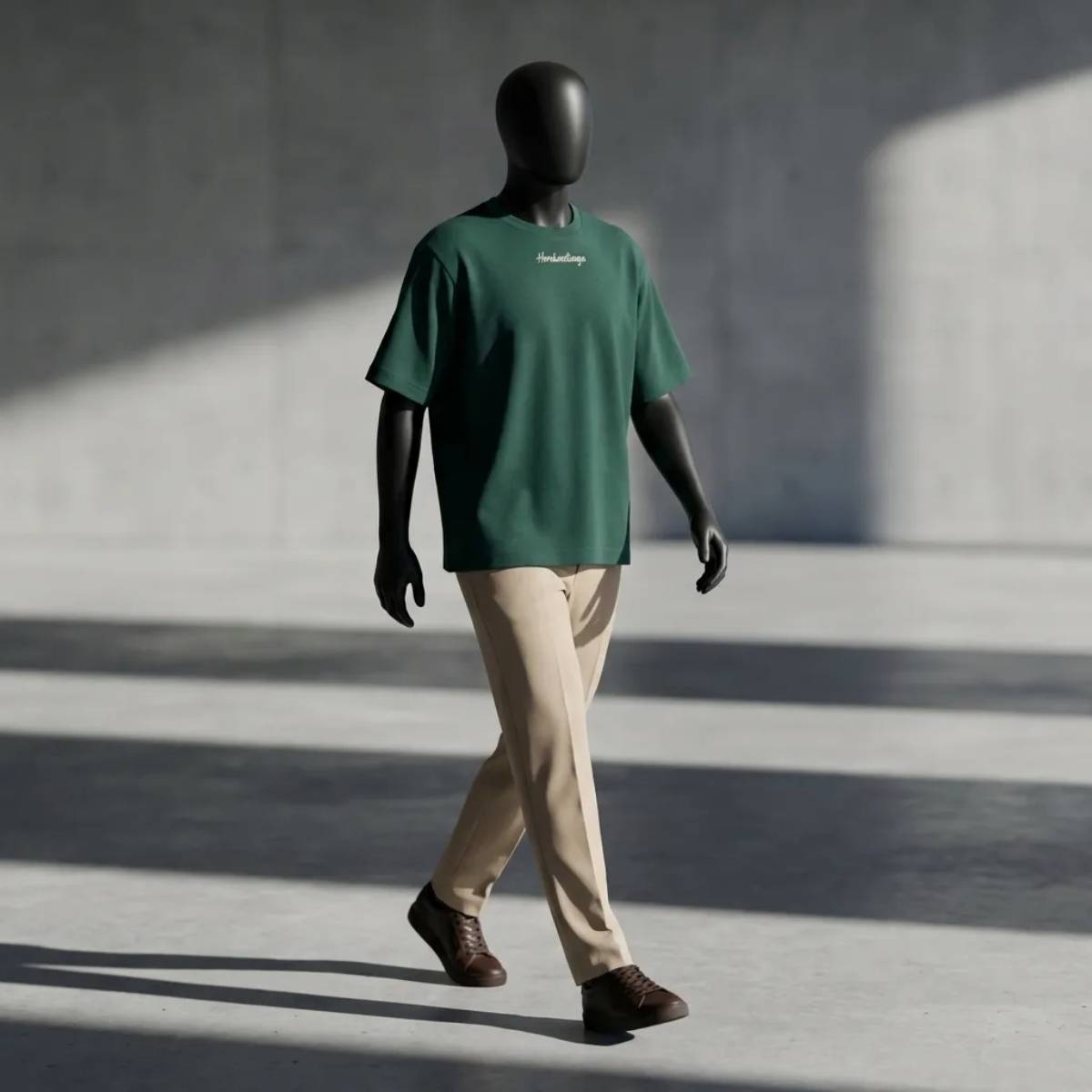 Dinamismo e struttura: il Modulo Herekoretanga Deep Green in movimento. Il peso del tessuto da 240g definisce lo spazio, richiamando la forza della tradizione Maori nel contesto metropolitano contemporaneo.