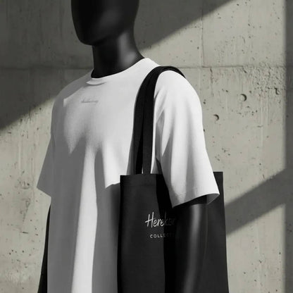 Dettaglio della vestibilità della t-shirt oversize premium bianca e della borsa tote bag nera d'archivio indossate da un manichino nero opaco, sfondo in cemento armato con ombre geometriche e luce industriale.