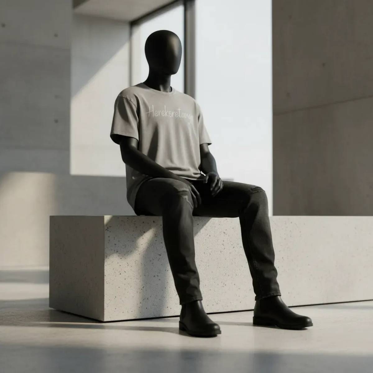 Modulo Herekoretanga: maglia grigio asfalto con lavaggio acido su manichino in ambiente brutalista. Estetica minerale ispirata alle formazioni rocciose di Oceania e alla forza Maori. Design GL MANIFACTORY.
