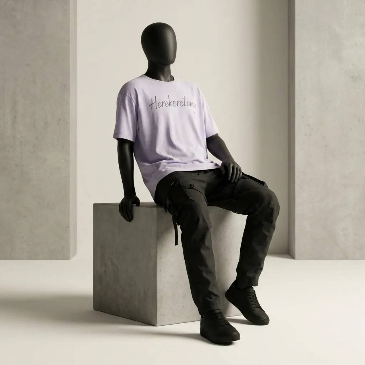 Il Modulo Herekoretanga lilla tenue in un contesto urban-brutalista. La silhouette boxy mantiene la sua integrità architettonica, celebrando il connubio tra materia e spiritualità Oceania.