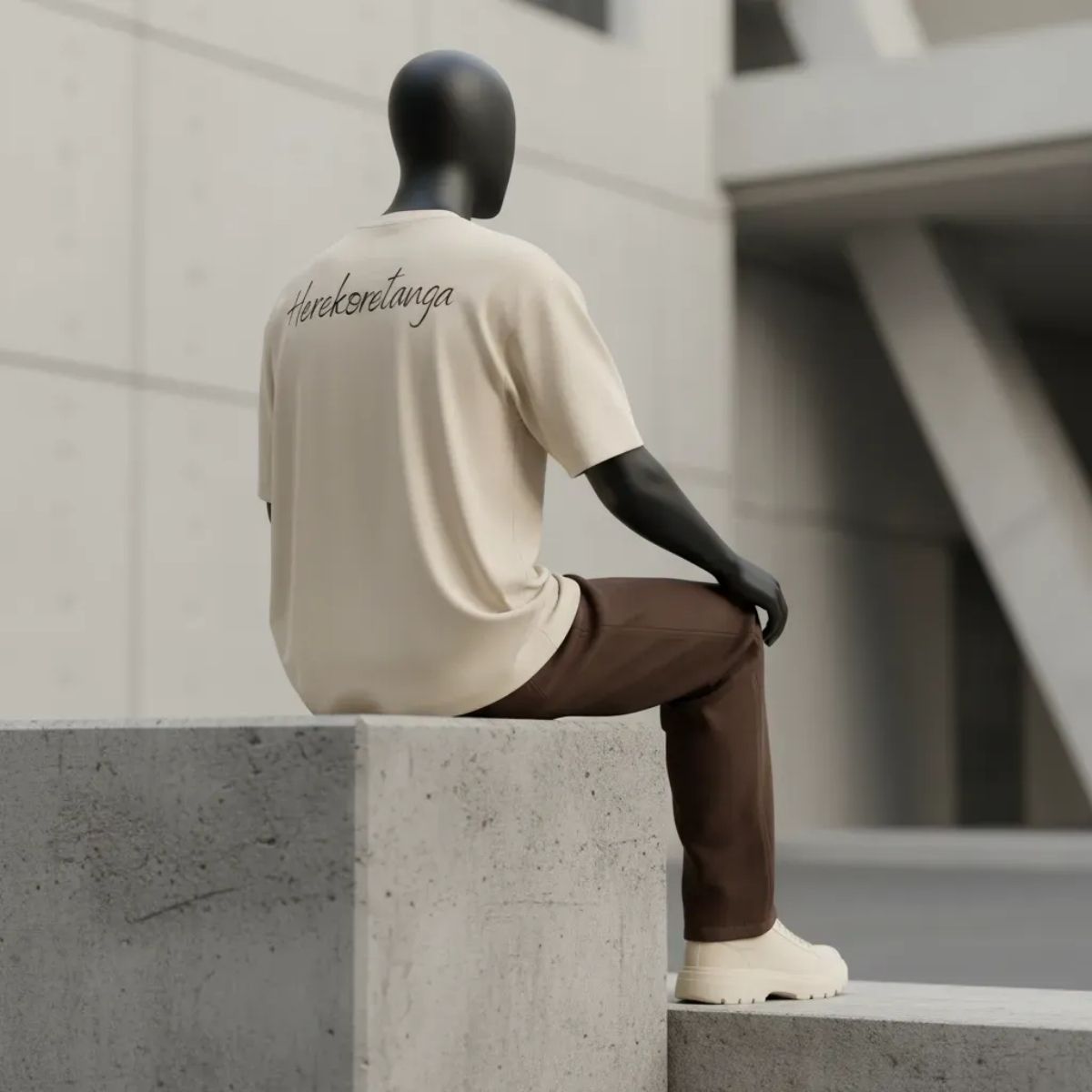 Sintesi tra design e materia: il Modulo Herekoretanga color sabbia in un contesto di architettura urbana minimalista. La caduta pesante del jersey da 240g esalta la silhouette boxy di GL MANIFACTORY, richiamando il rigore geometrico dei monumenti contemporanei e la spiritualità profonda dell'Oceania.