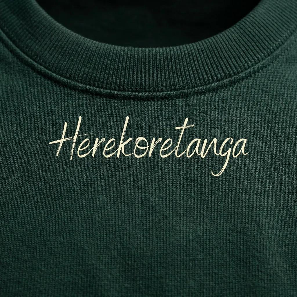 Dettaglio macro della stampa "Herekoretanga" su cotone Deep Green. Il close-up esalta la trama del tessuto heavy-duty e la precisione calligrafica, pilastri del design narrativo GL MANIFACTORY.