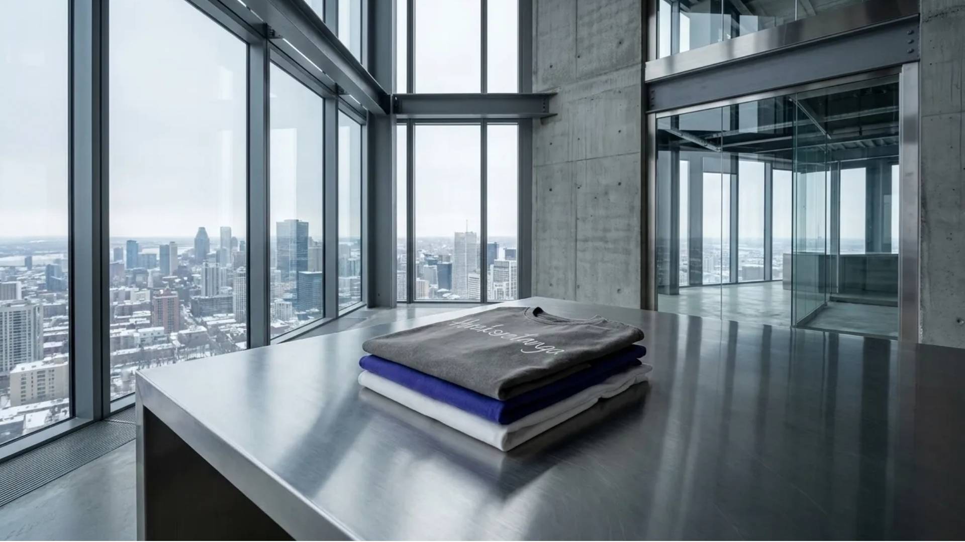 Visual d'archivio GL MANIFACTORY: pila di moduli in cotone pesante 240g (Urban Asphalt, Deep Cobalt, Optical White) su tavolo in acciaio in uno showroom moderno con vista skyline